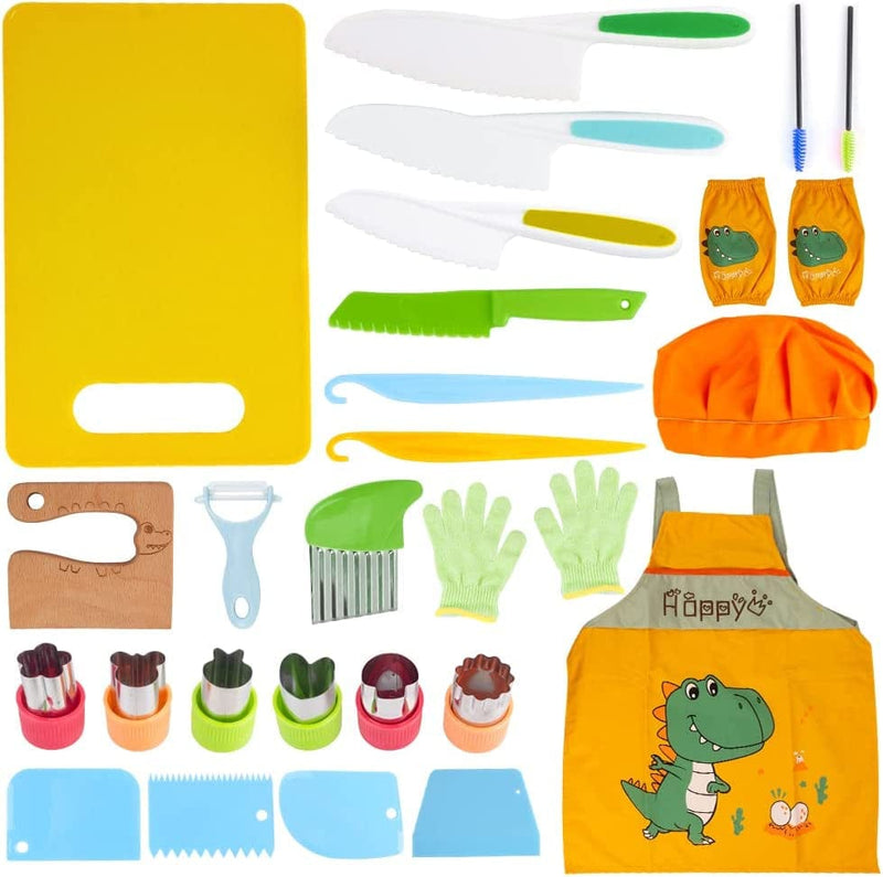 47 Pieces Wooden Kids Kitchen Knife for Real Cooking Include Wood Kids Safe Fruit Toddler Knife, Toddler Apron, Chef Hat, Cutting Board, Cake Scraper, Crinkle Cutter, Sandwich Cutter, Y Peeler, Gloves Home & Garden > Kitchen & Dining > Kitchen Tools & Utensils > Kitchen Knives SOEWIOU 48 Pcs Crocodile Set  