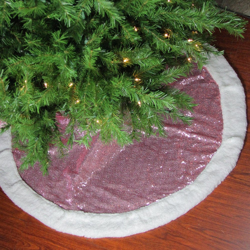 47" Pink and White round Christmas Tree Skirt with Sherpa Border