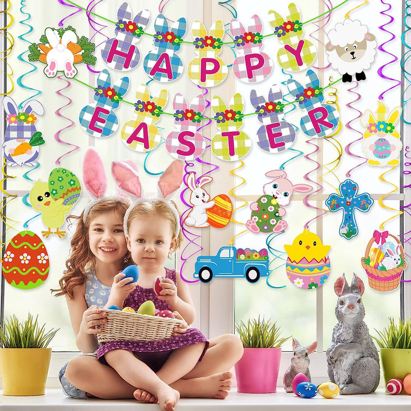 Easter Hanging Decorations Set - 24 PCS Easter Hanging Swirls and 1 Happy Easter Banner - Easter Hanging Swirl Decorations for Home Office School Party, Hanging Ornaments from Ceiling Party Supplies Home & Garden > Decor > Seasonal & Holiday Decorations Tifeson   