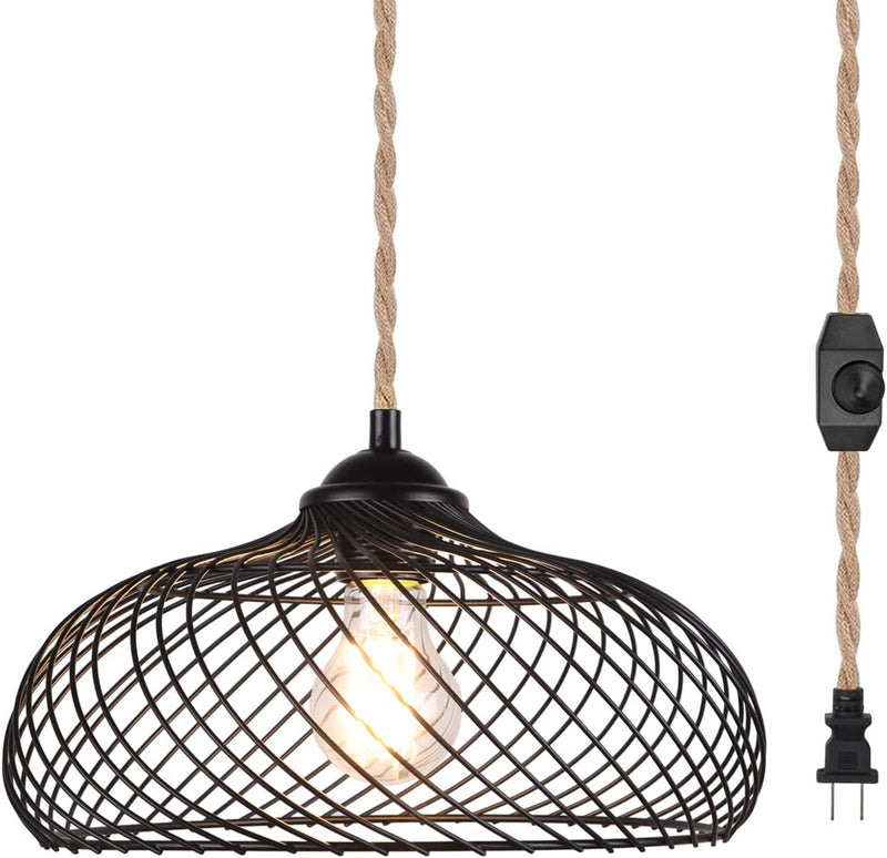 ROMGUAR CRAFT Plug in Pendant Light, Hanging Light with 15.5Ft Hemp Rope Cord, Hanging Lamp with Dimmable Switch, Black Metal Shade, Hanging Light Fixture for Kitchen Bedroom Living Room Dining Table Home & Garden > Lighting > Lighting Fixtures ROMGUAR CRAFT   