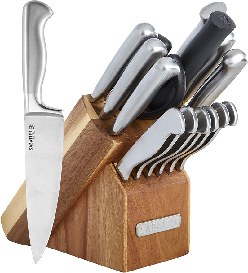Sabatier 15-Piece Forged Triple Rivet Knife Block Set, High-Carbon Stainless Steel Kitchen Knives, Razor-Sharp Knife Set with Acacia Wood Block, White Handles