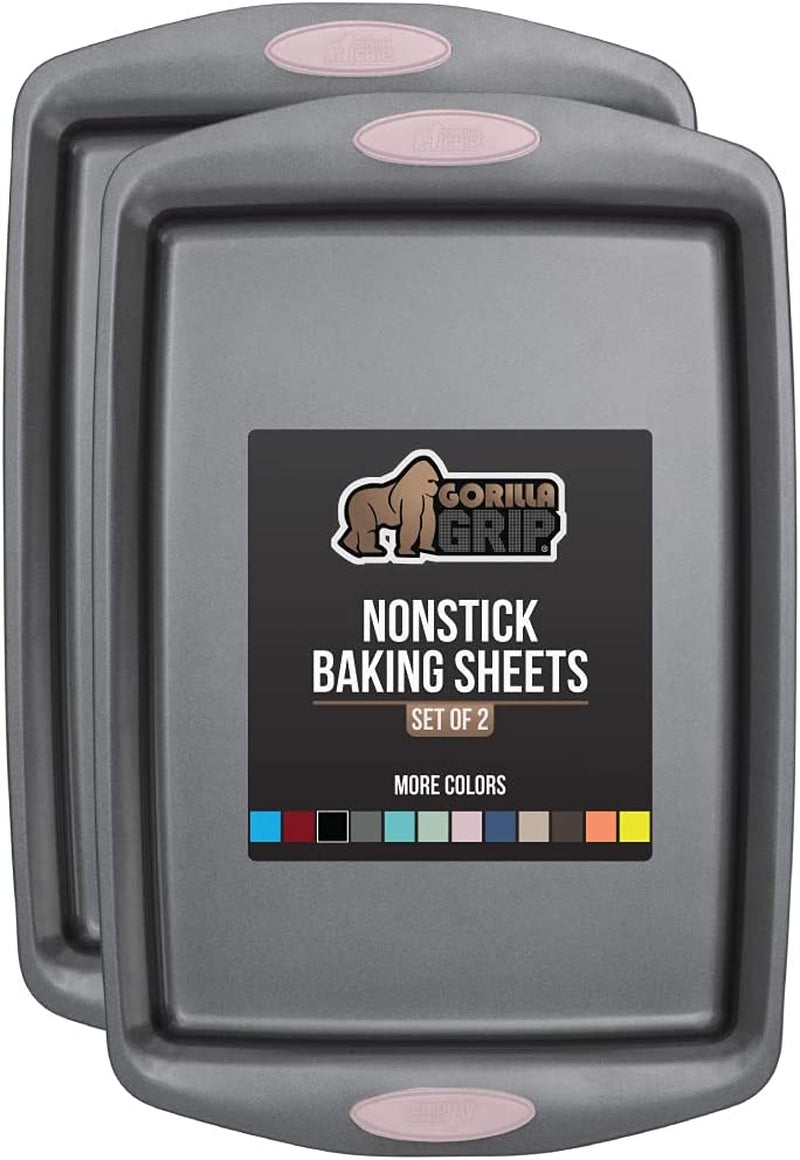 Gorilla Grip Durable Non Stick Cookie Baking Sheets, Set of 2, No Bending or Warping, Perfect for One-Pan Meals, Easy Clean Up, Cooking Tray, Better Grip with Silicone Handles, 17.3X11.75 Inch, Black Home & Garden > Kitchen & Dining > Cookware & Bakeware Hills Point Industries, LLC Pink Cookie Sheets Set of 2