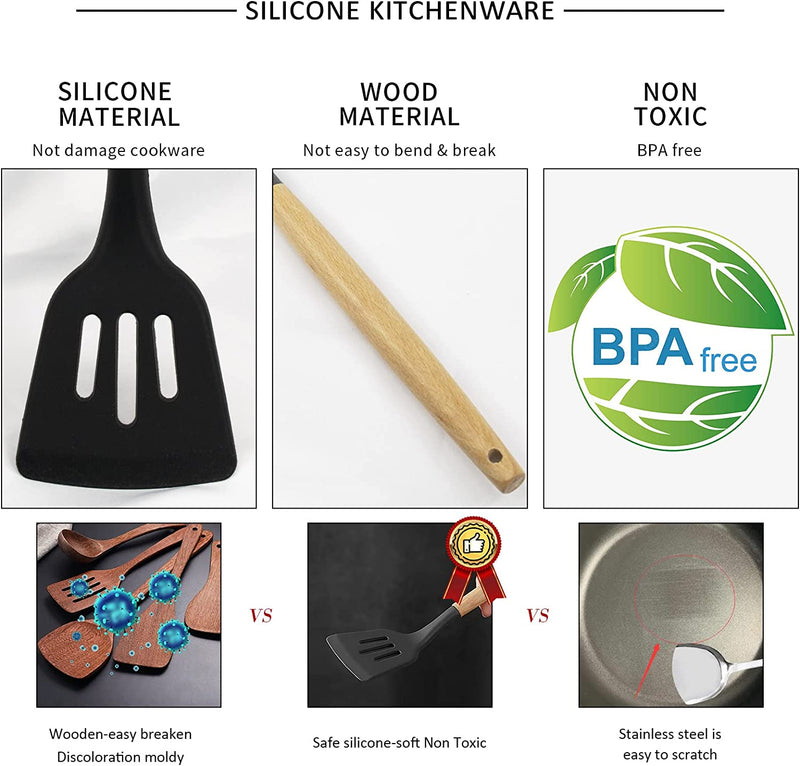 Kitchen Tools Silicone Kitchenware 13 Piece Sets Non-Stick Pot Spatula Kitchen Tools Cooking Spatula Set (Black)(Bpa Free) Home & Garden > Kitchen & Dining > Kitchen Tools & Utensils Eweniar   