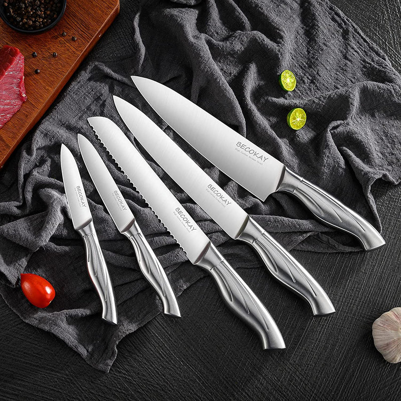Premium Chef Knife Sets,14-Piece Kitchen Knives with Acrylic Stand, Full Tang Designed, High Carbon Stainless Steel Cutlery with Knife Sharpener & 6 Steak Knives, Ergonomic Handle & Gifted Box(Silver) Home & Garden > Kitchen & Dining > Kitchen Tools & Utensils > Kitchen Knives BECOKAY   