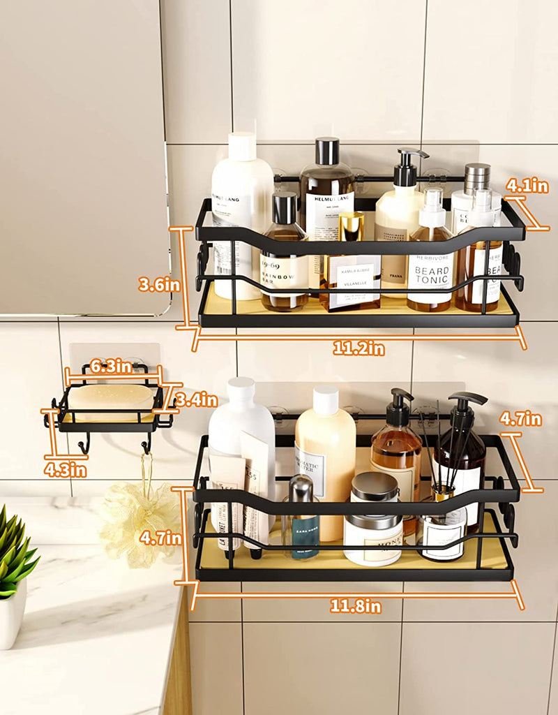 Natural Bamboo Shower Caddy Organizer with Soap Holder,Swtymiki 3 Pack Shower Shelf with 18 Hooks,Rustproof & Waterproof Shower Rack,No Drilling Bathroom Shower Organizer for Bathroom,Kitchen - Black