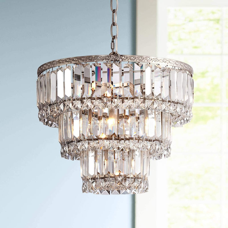 Magnificence Satin Nickel Chandelier 14 1/4" Wide Industrial Three Tier Crystal 7-Light Fixture for Dining Room House Foyer Entryway Kitchen Bedroom Living Room High Ceilings - Vienna Full Spectrum Home & Garden > Lighting > Lighting Fixtures > Chandeliers Vienna Full Spectrum 14.25" Wide  