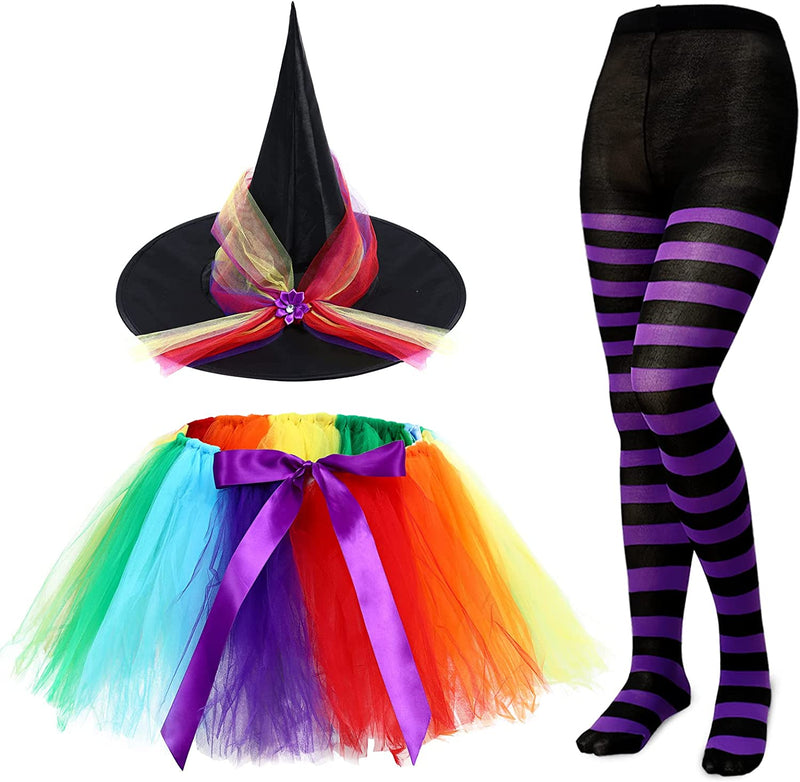 SATINIOR Halloween Witch Costume for Women Hat Tutu Skirt and Striped Tights for Girls  SATINIOR Purple Black With Rainbow  