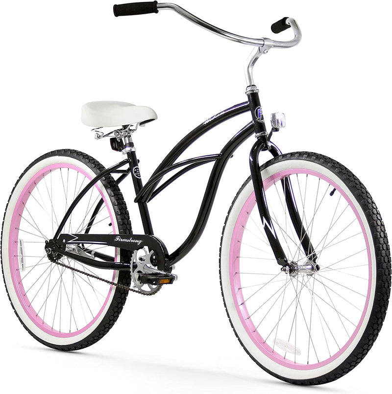 Firmstrong Urban Lady Beach Cruiser Bicycle (24-Inch, 26-Inch, and Ebike) Sporting Goods > Outdoor Recreation > Cycling > Bicycles Firmstrong Black/Pink Rims w/ White Seat 15.5inch/One Size 