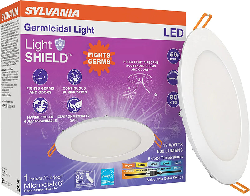 SYLVANIA LED 6" Slim Microdisk Recessed Downlight Junction Box, 16W, CCT 5 Color Selectable, 2700K/3000K/3500K/4000K/5000K, 1200 Lumens, Dimmable - 4 Pack (61406) Home & Garden > Lighting > Flood & Spot Lights LEDVANCE 16W(Germicidal) 6 Inch 1 Count (Pack of 1)