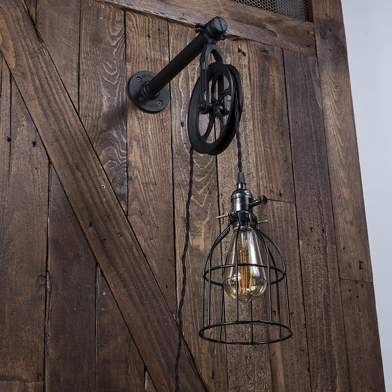 Rustic State Industrial Pulley Design Black Wall Sconce Pendant Lamp Kit with Wire Cage Shade, Pipe Bracket, Pulley, 10" Fabric Plug in Cord, Socket with on / off Switch & Edison LED Light Bulb Home & Garden > Lighting > Lighting Fixtures Rustic State   