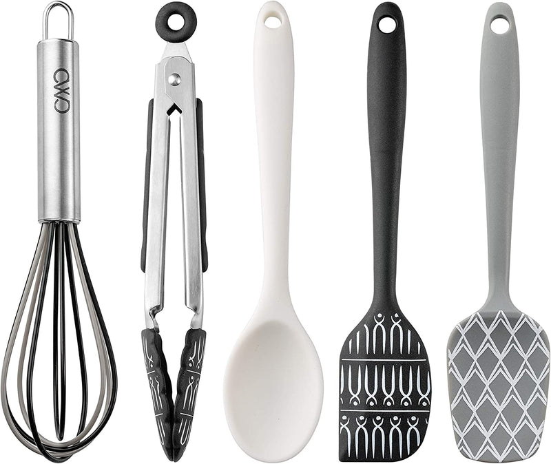 COOK with COLOR Set of Five MINI Kitchen Utensil Set - Silicone Kitchen Tools, Whisk, Tong, Spatula, Spoonula and Spoon (Black and White Collection) Home & Garden > Kitchen & Dining > Kitchen Tools & Utensils Enchante Direct Black/White Collection/Silicone & Stainless Steel  
