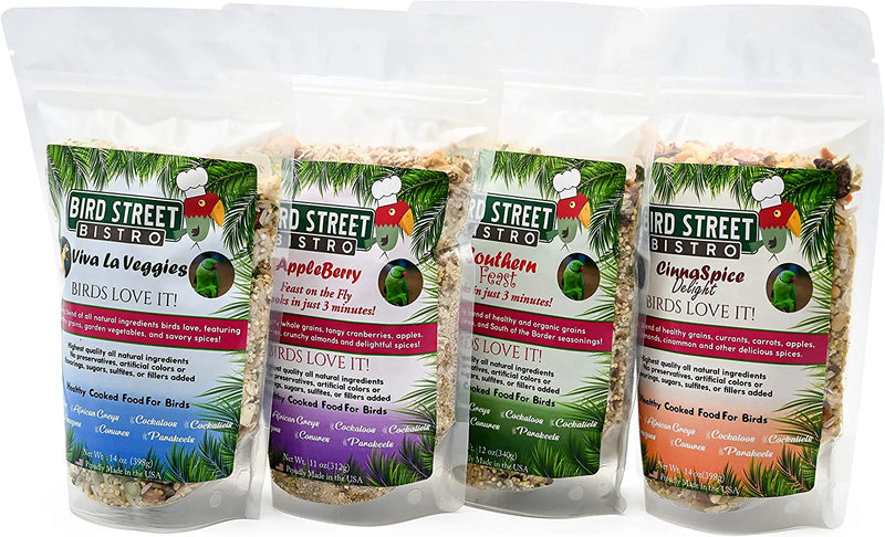 Bird Street Bistro Parrot Food Sample 4 Pack - Parakeet Food - Cockatiel Food - Bird Food - Cooks in 3-15 Min W/ Natural & Organic Grains - Healthy, Non-Gmo Fruits, Healthy Orientated Spices Animals & Pet Supplies > Pet Supplies > Bird Supplies > Bird Food Bird Street Bistro 3.18 Pound (Pack of 1)  