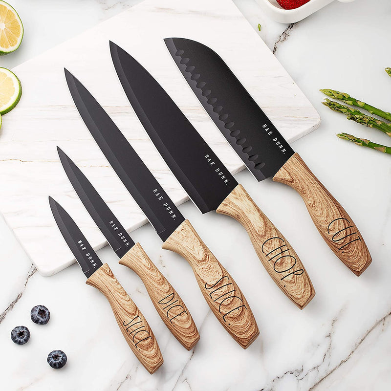 Rae Dunn Everyday Collection Set of 5 Stainless Steel Knives with Sheaths- Chef, Paring, Bread, Santoku Knives- (Black)