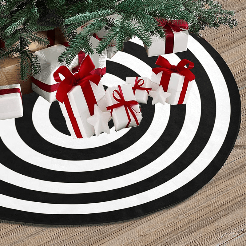 48 Black and White Halloween Tree Skirt, Merry Christmas Holiday Party 12 Laps Anniversary Decor Rustic Farmhouse Lollipop Decorations Indoor Large Xmas Pen Tree Mat for Christma Burlap Ornaments 4'