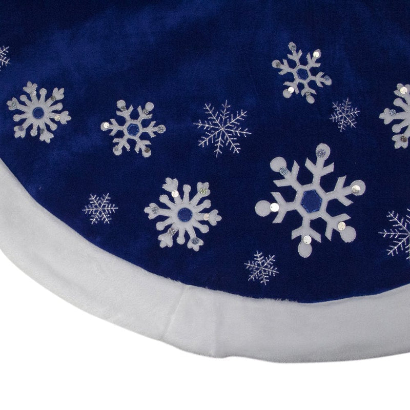 48" Blue Velveteen Snowflake Christmas Tree Skirt with Faux Fur Trim