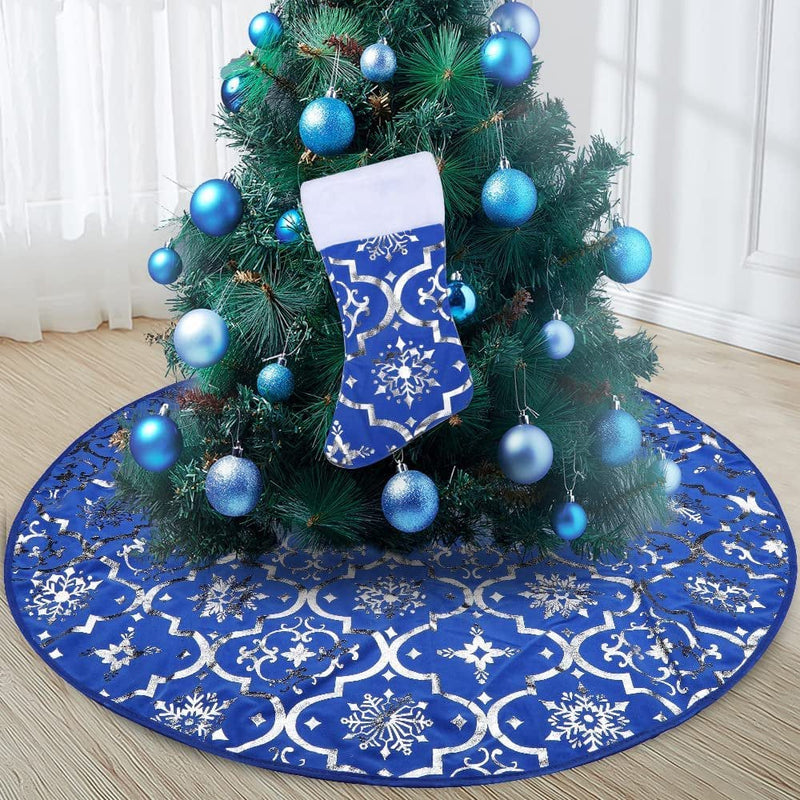 48" Christmas Tree Skirt and Socks Set Blue Xmas Tree Skirt with Silver Snowflake Sequin for Merry Christmas Party Ornaments and Holiday Decorations Home & Garden > Decor > Seasonal & Holiday Decorations > Christmas Tree Skirts VATENIC   