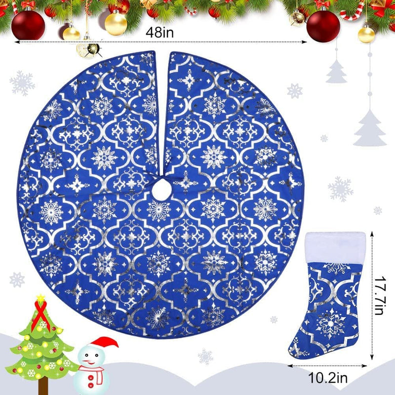 48" Christmas Tree Skirt and Socks Set Blue Xmas Tree Skirt with Silver Snowflake Sequin for Merry Christmas Party Ornaments and Holiday Decorations