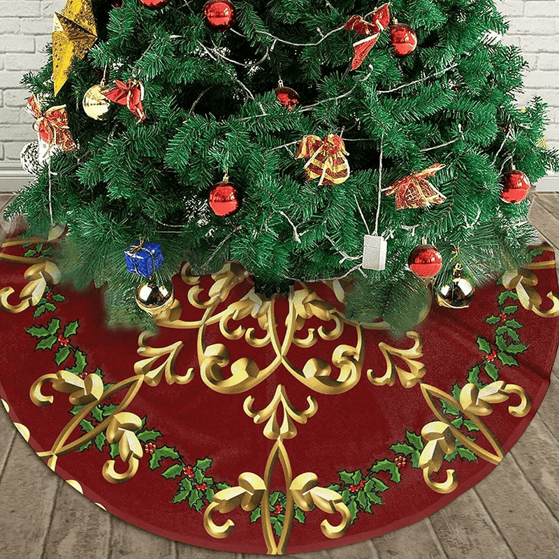 48" Christmas Tree Skirt, Red Gold Elegant Festive Pattern Pattern Large Xmas Tree Mat for Holiday Party Ornament Rustic Farmhouse Decorations Home & Garden > Decor > Seasonal & Holiday Decorations > Christmas Tree Skirts Hitamus   