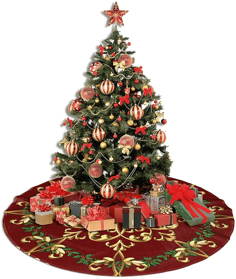 48" Christmas Tree Skirt, Red Gold Elegant Festive Pattern Pattern Large Xmas Tree Mat for Holiday Party Ornament Rustic Farmhouse Decorations Home & Garden > Decor > Seasonal & Holiday Decorations > Christmas Tree Skirts Hitamus   