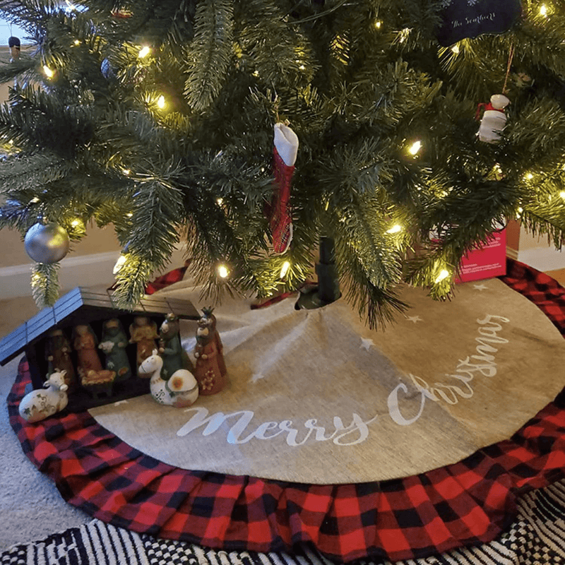 48 Inch Burlap Christmas Tree Skirt Soft Christmas Tree Mat Large Tree Collar with Ruffled Buffalo Plaid Trim for Merry Christmas Party Red and Black Buffalo Christmas Tree Skirt Decorations (Red) Home & Garden > Decor > Seasonal & Holiday Decorations > Christmas Tree Skirts FANOVO Red  