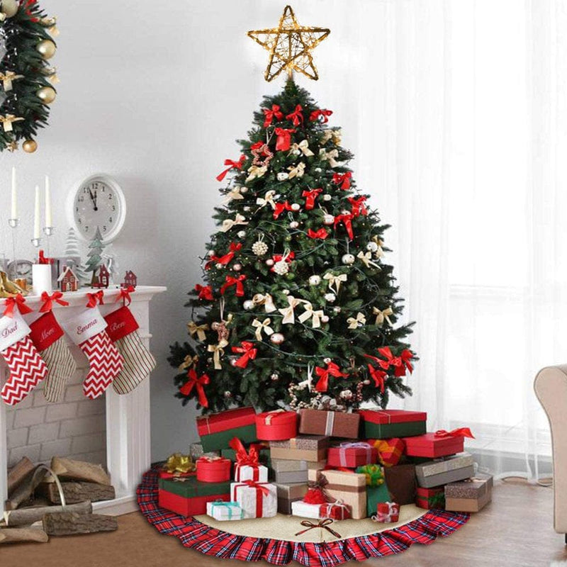 48 Inch Rustic Christmas Tree Mat, Burlap Christmas Tree Skirt Red Black Plaid Trim Farmhouse Xmas Party Holiday Decorations