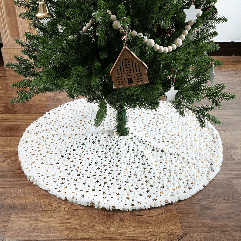 48 inches Christmas Tree Skirt, UUSETT Christmas Tree Decorations with Golden Stars, Large White Faux Fur Christmas Tree Mat, Plush Xmas Tree Skirts Ornament for Holiday Party Christmas Home & Garden > Decor > Seasonal & Holiday Decorations > Christmas Tree Skirts UUSETT   