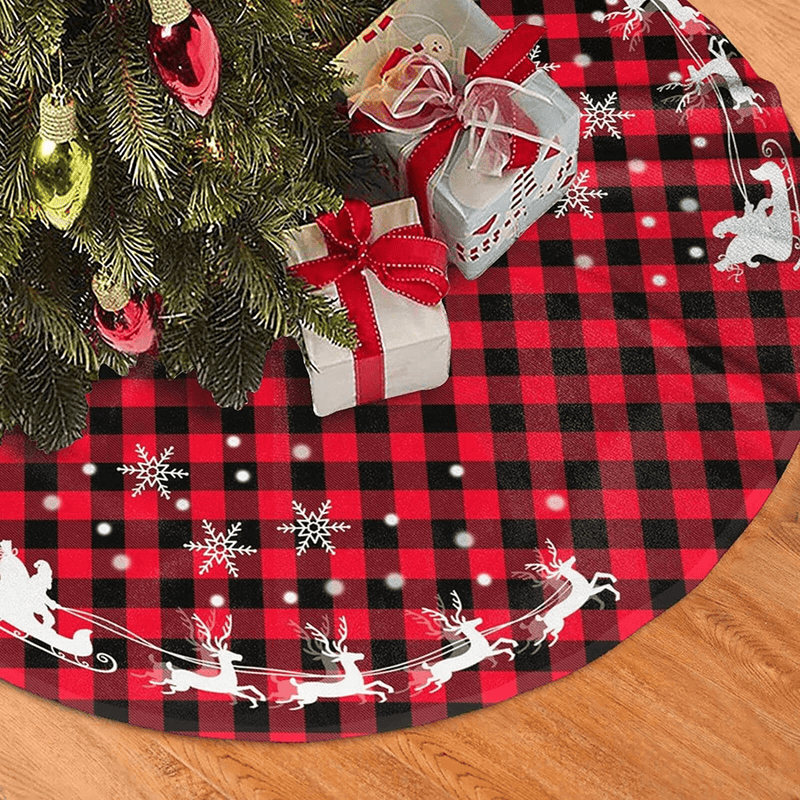 48 Inches Red Black Buffalo Plaid Christmas Tree Skirt Rustic Thick Xmas Tree Skirt with Snowflake Elk and Santa Claus Winter Happy New Year Decoration for Home Holiday Party Home & Garden > Decor > Seasonal & Holiday Decorations > Christmas Tree Skirts OWCRNEF Red Black Buffalo Plaid  
