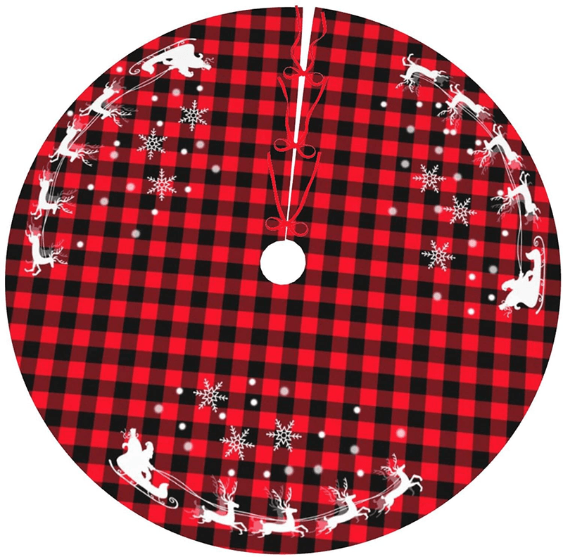48 Inches Red Black Buffalo Plaid Christmas Tree Skirt Rustic Thick Xmas Tree Skirt with Snowflake Elk and Santa Claus Winter Happy New Year Decoration for Home Holiday Party Home & Garden > Decor > Seasonal & Holiday Decorations > Christmas Tree Skirts OWCRNEF   