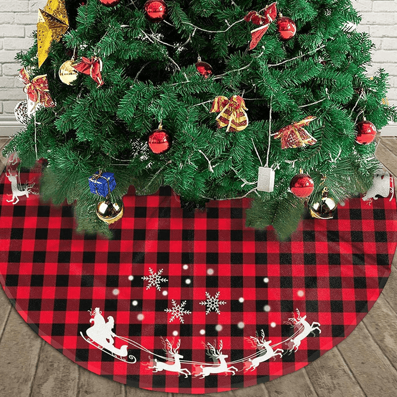 48 Inches Red Black Buffalo Plaid Christmas Tree Skirt Rustic Thick Xmas Tree Skirt with Snowflake Elk and Santa Claus Winter Happy New Year Decoration for Home Holiday Party Home & Garden > Decor > Seasonal & Holiday Decorations > Christmas Tree Skirts OWCRNEF   