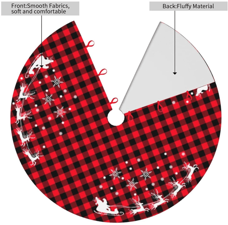 48 Inches Red Black Buffalo Plaid Christmas Tree Skirt Rustic Thick Xmas Tree Skirt with Snowflake Elk and Santa Claus Winter Happy New Year Decoration for Home Holiday Party