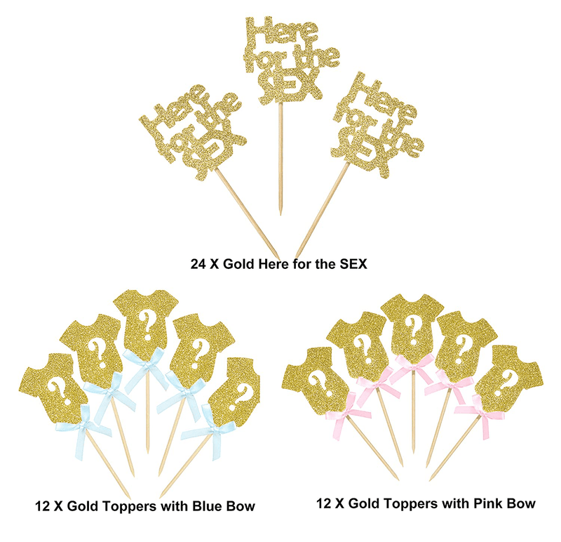 48 PCS Mixed Gender Reveal Cupcake Toppers | Gold Glitter Here for the SEX Cupcake Picks Party Decoration Supplies - Set of 3