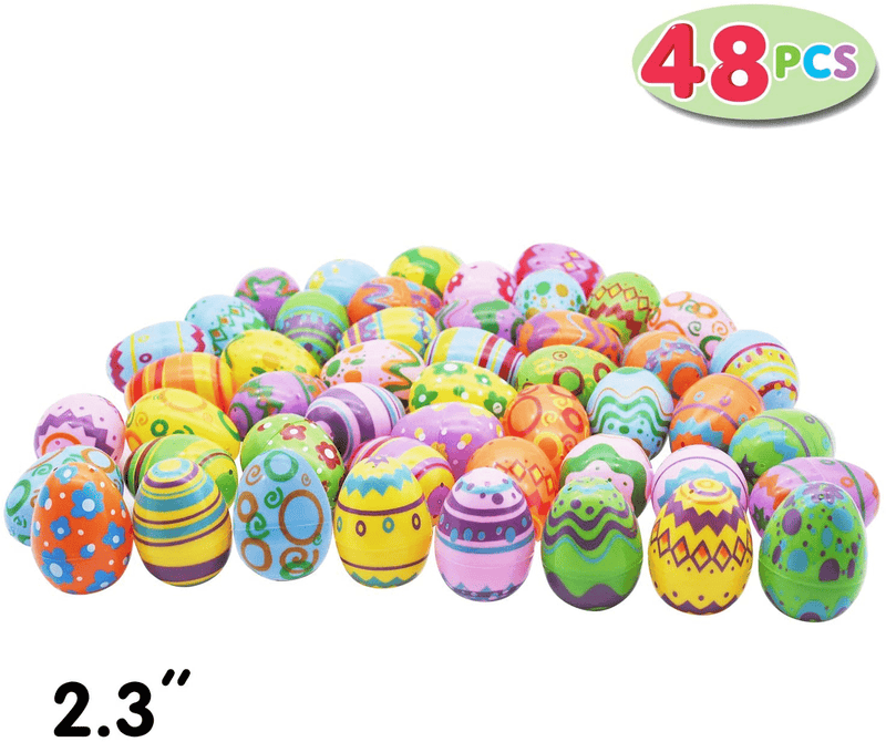 48 Pcs Plastic Printed Bright Easter Eggs 2 3/8" Tall for Easter Hunt, Basket Stuffers Fillers, Classroom Prize Supplies, Filling Treats and Party Favor