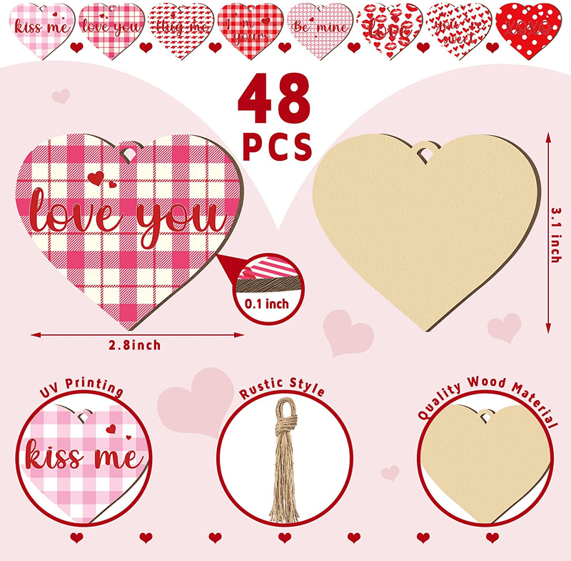 48 Pieces Valentine'S Day Heart Ornaments Wooden Hanging Embellishments Valentines Heart Shaped Baubles Colorful Heart Wooden Decorations (Fresh Style) Home & Garden > Decor > Seasonal & Holiday Decorations Yookeer   