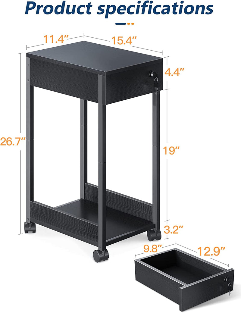 ODK 3-Tier Printer Stand with Storage, Computer Tower Stand with Drawer & Key, Movable CPU Stand, under Desk Printer Shelf, Storage Shelf with Lockable Wheels for Home Office Black