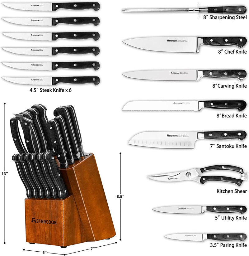 Knife Set, 15 Pcs Kitchen Knife Set with Block, Astercook German Stainless Steel with Scissors, Knife Sharpener and 6 Serrated Steak Knives