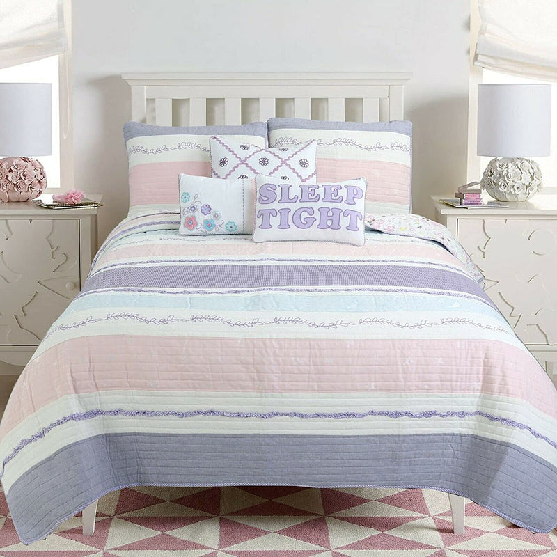Cozy Line Home Fashions Pink Green Chic Ruffles Girl 100% Cotton Reversible Quilt Bedding Set, Coverlet, Bedspreads (Twin - 2 Piece: 1 Quilt + 1 Sham) Home & Garden > Linens & Bedding > Bedding Cozy Line Home Fashions Lavender Dream Twin 