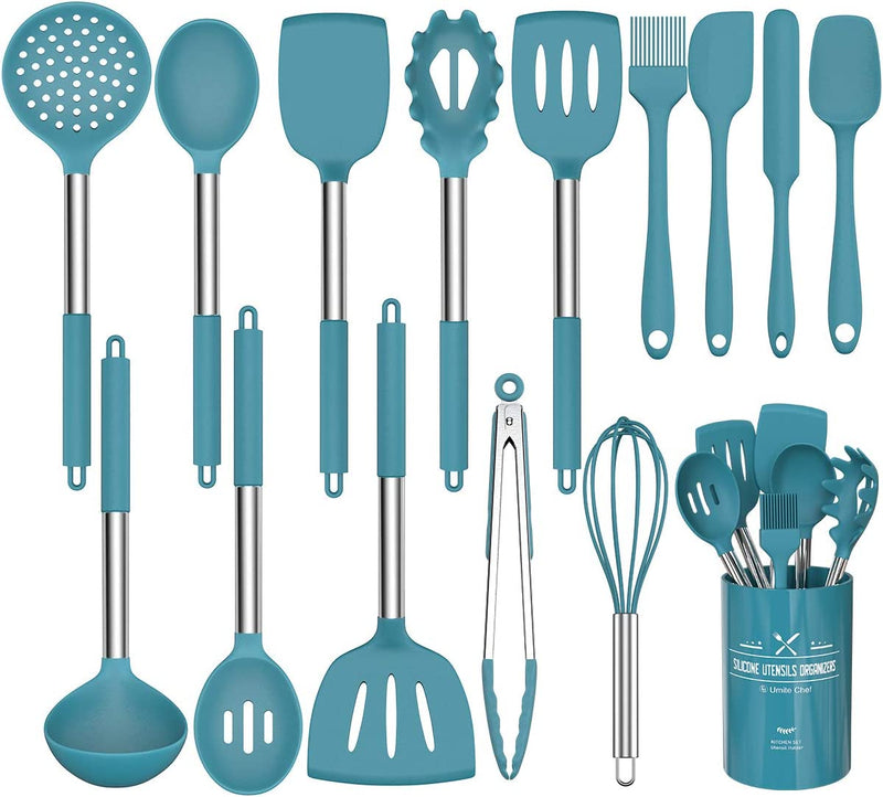 Silicone Cooking Utensil Set,Umite Chef Kitchen Utensils 15Pcs Cooking Utensils Set Non-Stick Heat Resistan Bpa-Free Silicone Stainless Steel Handle Cooking Tools Whisk Kitchen Tools Set - Grey Home & Garden > Kitchen & Dining > Kitchen Tools & Utensils Umite Chef Blue  