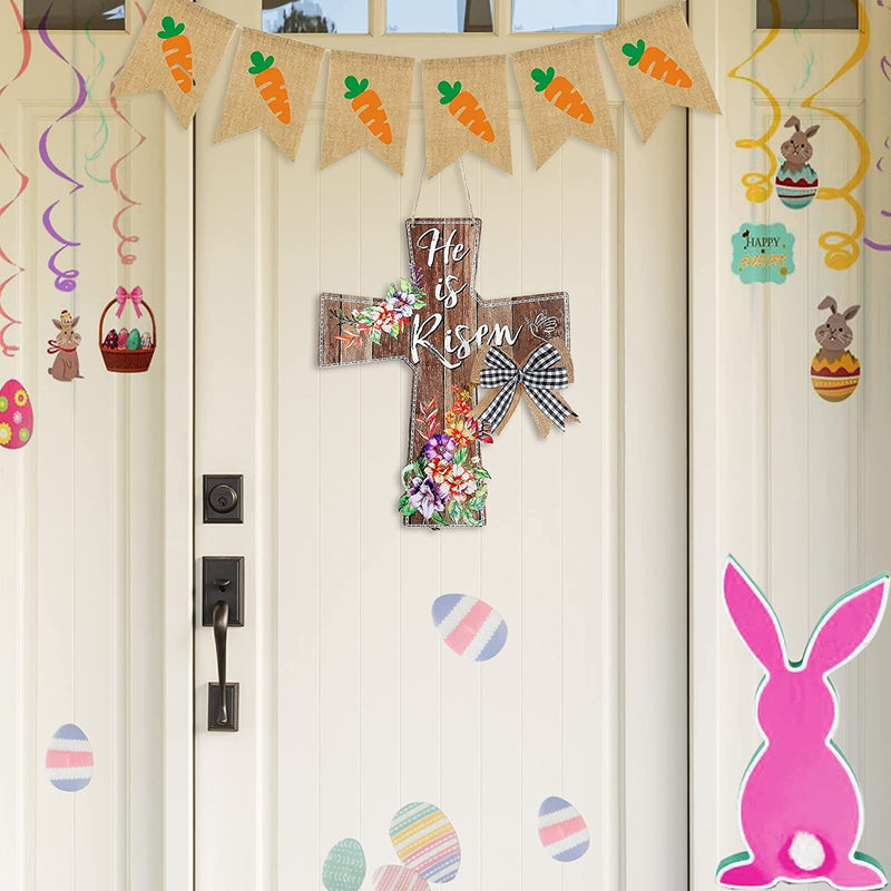 Sggvecsy Easter Wooden Hanging Door Sign He Is Risen Cross Door Sign Decoration Rustic Easter Wood Sign Plaque with Flowers Bowknot for Spring Wall Farmhouse Home Window Outdoor Indoor Decor Home & Garden > Decor > Seasonal & Holiday Decorations Sggvecsy   
