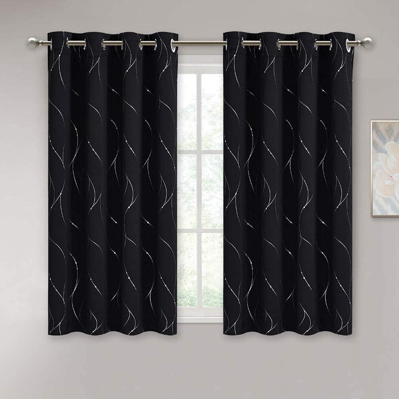 Stangh Set of 2 Printed Blackout Thermal Insulated Curtains for Kitchen, Grommet Foil Print Window Drapes with Silver Wave Line and Dots Design for Cafe Home Office, W52 X L45 Inch, Black, 2 Pieces