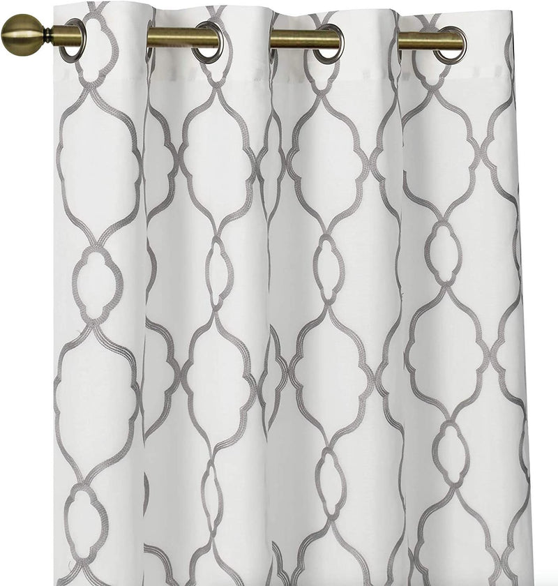 Goodgram 2 Pack Embroidered Semi Sheer Geometric Quatrefoil Grommet Top Window Curtains with Satin Backing for Privacy - Assorted Colors & Sizes (Gray, 84 In. Long)