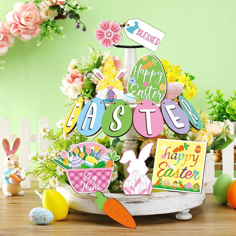 14 Pcs Easter Tiered Tray Decor Happy Easter Egg Mini Wood Sign Rustic Gnomes Bunny Spring Sign Decor Wooden Carrot Easter Decorations for Farmhouse Home Kitchen Office Table Party Gift Home & Garden > Decor > Seasonal & Holiday Decorations Kathfly   