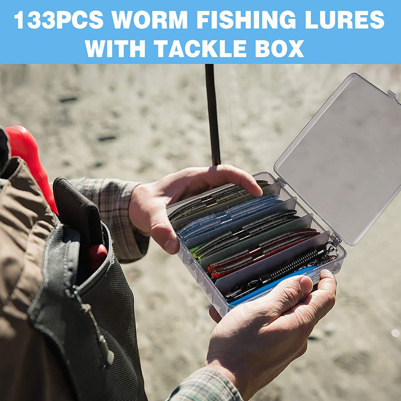 PLUSINNO Wacky Worm Fishing Lure Kit, Soft Plastic Fishing Lures, Grub Baits Hook Wacky Rig Bass Trout Fishing Worms Lures W/ Tackle Box