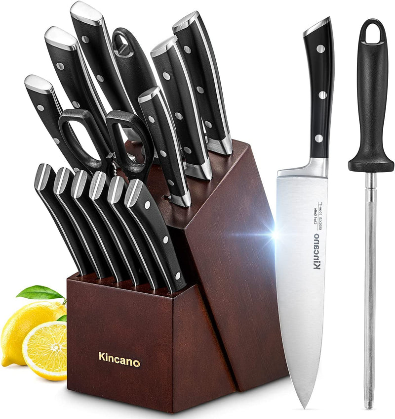 Knife Set, 14 PCS High Carbon Stainless Steel Kitchen Knife Set for Chef, Super Sharp Knife Set with Acrylic Stand, Include Steak Knives, Sharpener and Scissors, Ergonomical Design by Kincano Home & Garden > Kitchen & Dining > Kitchen Tools & Utensils > Kitchen Knives kincano 15 Piece Set  