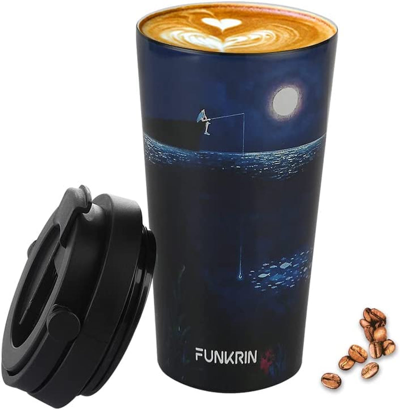 Funkrin Insulated Travel Coffee Mug with Ceramic Coating, Personalized Gifts for Men Women Kids, 16Oz Stainless Steel Tumbler with Flip Lid Portable Handle, Double Wall Leak-Proof Thermos Mug Home & Garden > Kitchen & Dining > Tableware > Drinkware Funkrin Fishing 1 Count (Pack of 1) 