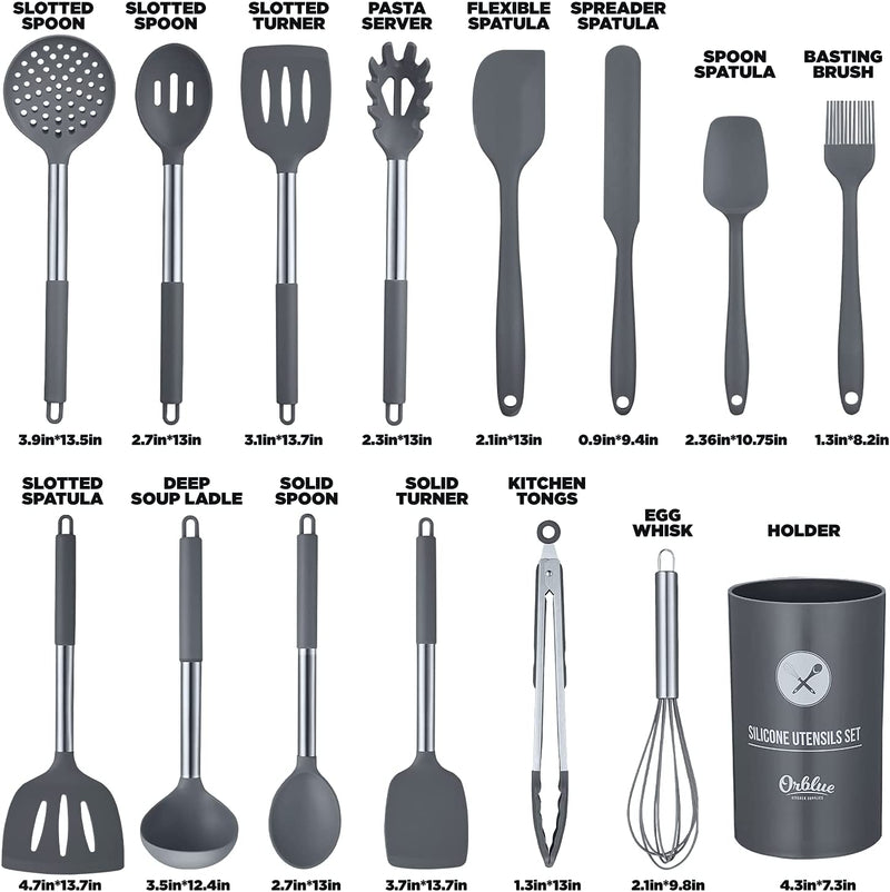 ORBLUE Silicone Cooking Utensil Set, 14-Piece Kitchen Utensils with Holder, Safe Food-Grade Silicone Heads and Stainless Steel Handles with Heat-Proof Silicone Handle Covers, Gray Home & Garden > Kitchen & Dining > Kitchen Tools & Utensils Orblue   
