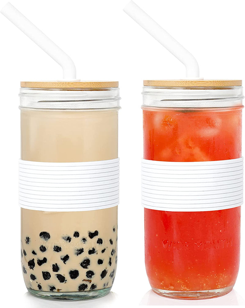 Mason Jar with Lid and Straw, ANOTION 32Oz Wide Mouth Boba Cup Reusable Drinking Glasses Tumbler Smoothie Water Bottles for Iced Coffee Margaritas Ice Cream Juice Cocktail Travel Office Home Home & Garden > Kitchen & Dining > Tableware > Drinkware ANOTION 2 Jars: Upgrade Bamboo Lid+White Silicone Straw  