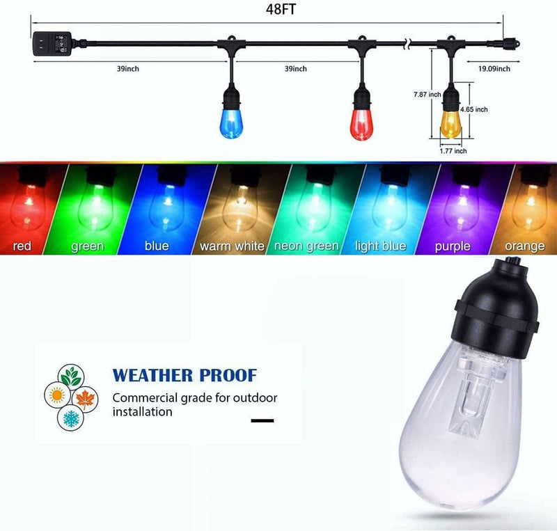 48FT Color Changing Outdoor String Lights, RGBW LED String with 16 E26 Shatterproof Edison Bulbs Dimmable Commercial Cafe String for Patio Backyard Christmas Holiday Party, Remote.