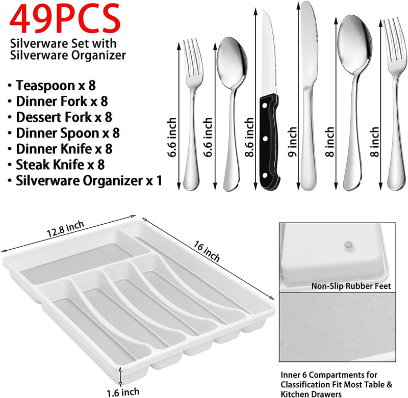 49-Piece Silverware Set with Flatware Drawer Organizer, Durable Stainless Steel Cutlery Set for 8, Mirror Polished Kitchen Utensils Tableware Service with Steak Knives Dinner Fork Knife Spoon & Tray Home & Garden > Kitchen & Dining > Kitchen Tools & Utensils JUNLIN   