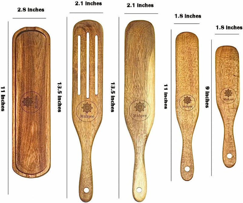 Muhyee Premium Acacia Wood 5 PCS Spurtle Set, Cooking Tools,100% Natural Wood Spatula with Resting Tray/Spoon Rest, Light Weight Kitchen Utensil, Nonstick Cookware, Housewarming Gift. Home & Garden > Kitchen & Dining > Kitchen Tools & Utensils MUYHEE   
