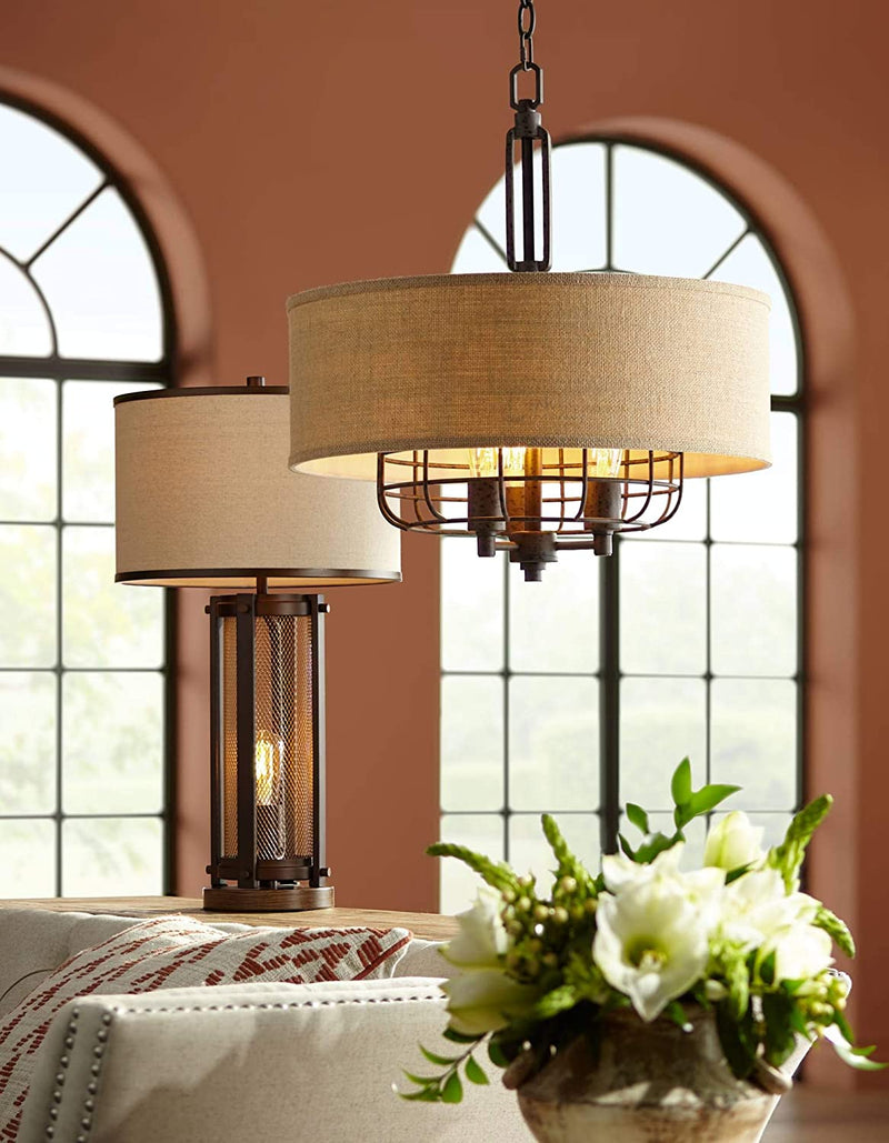 Franklin Iron Works Tremont Rust Cage Pendant Chandelier 20" Wide Industrial Rustic Tan Burlap Drum Shade 3-Light Fixture for Dining Room House Foyer Kitchen Island Entryway Bedroom Living Room Home & Garden > Lighting > Lighting Fixtures Franklin Iron Works   